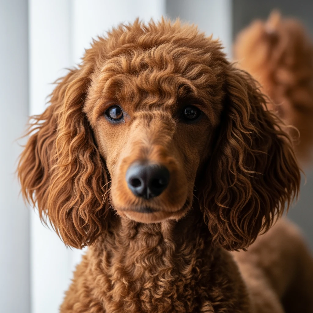 Portrait rapproche d'un caniche toy au regard expressif